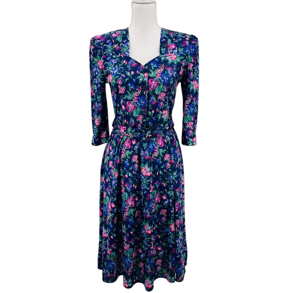 Vintage 80s Tabby of California Belted Tea Dress Purple Romantic Floral 6P USA